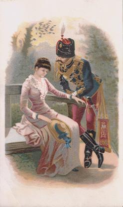 Arbuckle - soldier w/ sword leaning over woman seated on bench