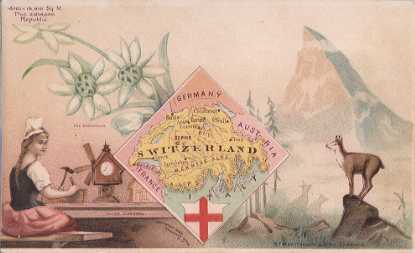 Switzerland map - Edelweiss; Wood Carving; Mt. Matterhorn, Chamois