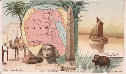 Egypt map - Date Palm; The Obelisk of Luxor; Cotton Barges on the Nile
