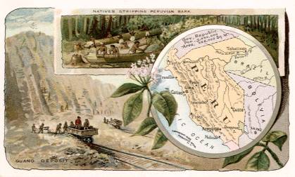 Peru map - Natives Stripping Peruvian Bark; Guano Deposit