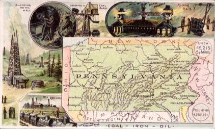 Pennsylvania map - Oil well, refinery, blast furnace, coal barge