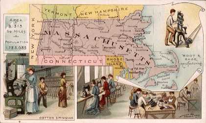 Massachusetts map - Cotton spinning, boot & shoe manufacturing