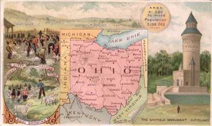 Ohio map - Wool growing, sheep shearing, Garfield Monument