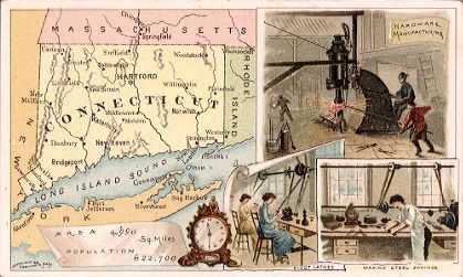 Connecticut map - Hardware manufacturing, clock making, pivot lathes, making steel springs