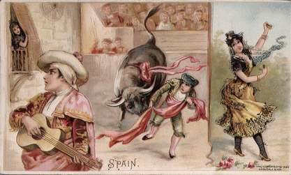 Spain - guitar playing, bull fighting, dancing
