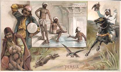 Persia - coaxing alms, bathing, hawking, hunting
