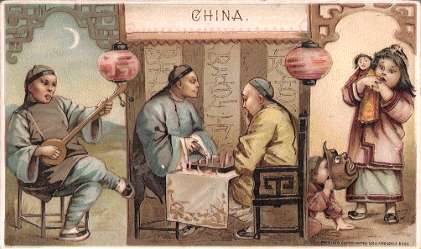 China - playing music, chess, child with doll