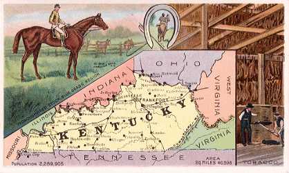 Kentucky map - Thoroughbred horses, Blue Grass Region; Tobacco