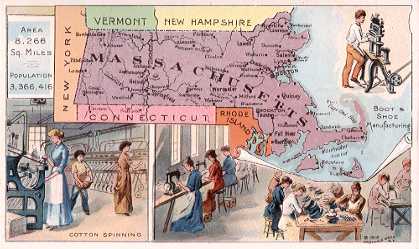 Massachusetts map - Cotton Spinning; Boot & Shoe Manufacturing