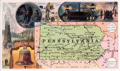 Pennsylvania map - Oil Well; Coal Barge; Blast Furnace; Rolling Rails; Liberty Bell