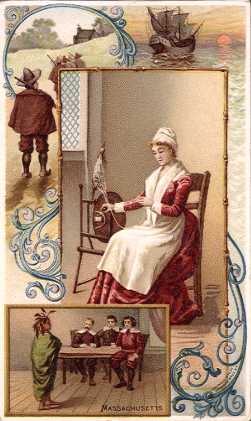 Massachusetts - Pilgrims on the Way to Church, Mayflower, Priscilla Weaving, Treaty signing