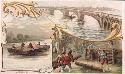 Missouri - Eads Bridge, St. Louis; Founding St. Louis by Chateau; Old-Time Flat Boat, Mississippi River
