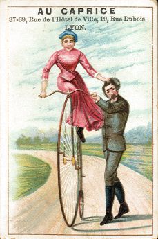 Au Caprice - high-wheel bicycle trade card